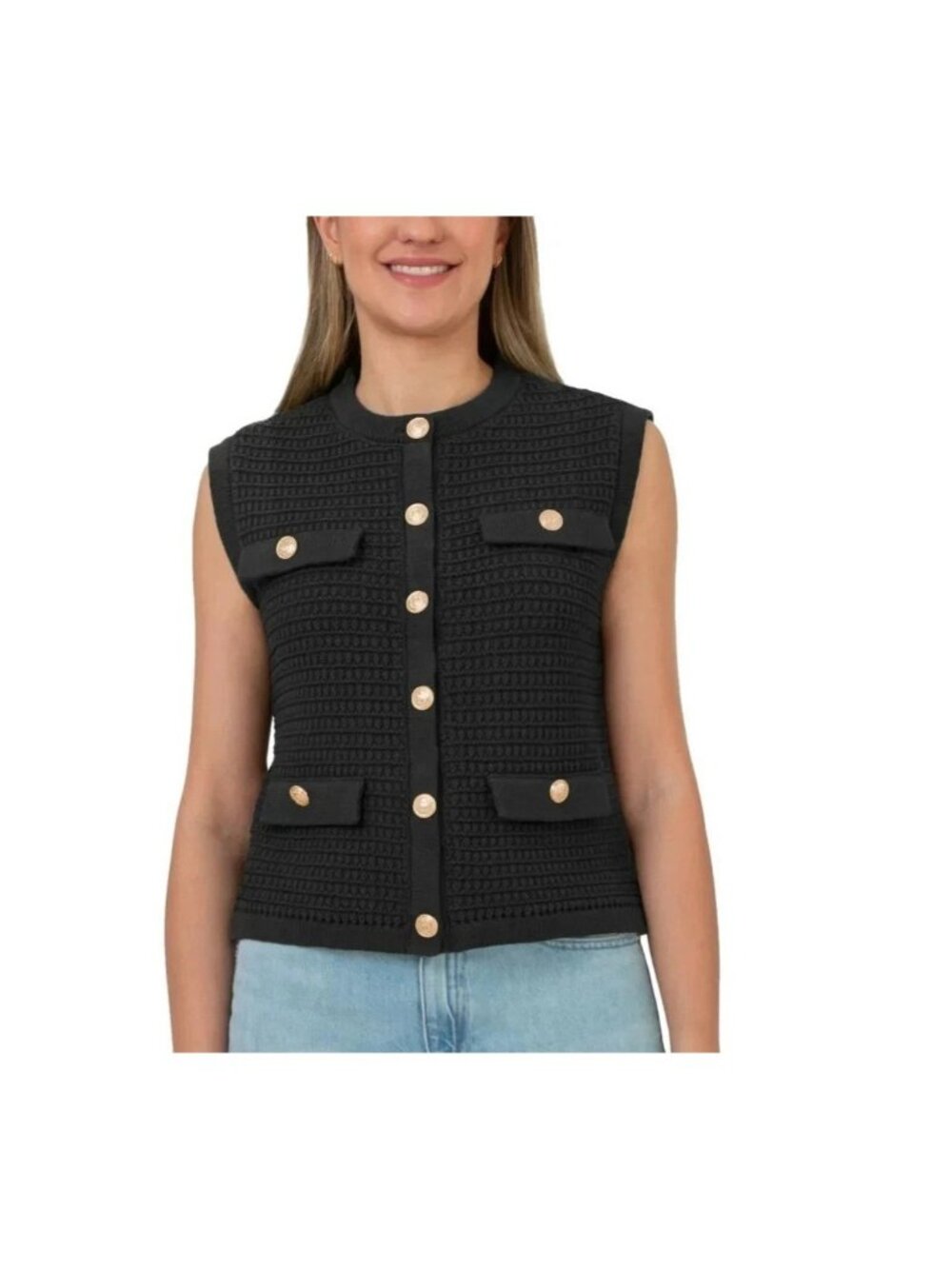 NWT Blank NYC Women's M Black Sleeveless Knit Vest Gold Button Cardigan Sweater